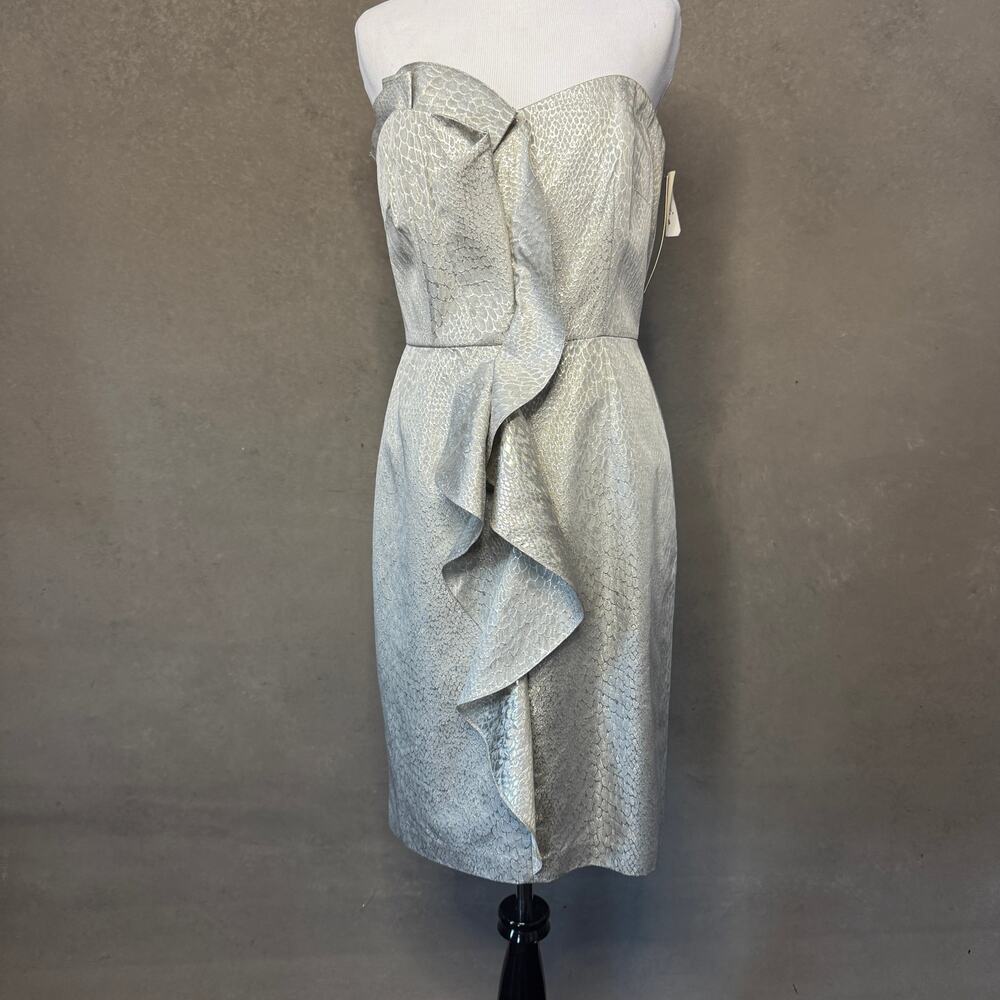 David Meister Silver Strapless Ruffle Cocktail Dress Size 6 NWT Metallic snake